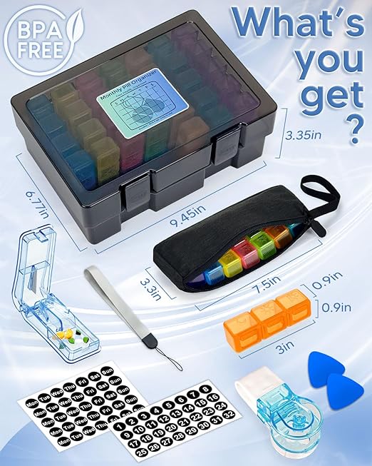 Monthly Pill Organizer 3 Times a Day, FRIWOLE Medicine Box with Portable Weekly Pill Bag, Pill Taker Remover, Pill Cutter and 2 Sticker (Black, 3 Times a Day)