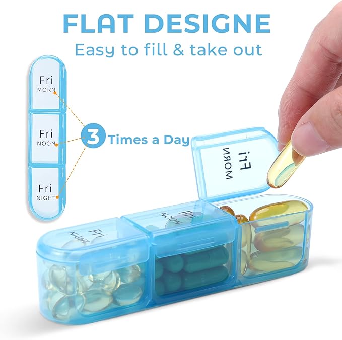 Daviky Pill Organizer Travel, Weekly Pill Organizer 3 Times a Day, Pill Box 7 Day, Pill Cases Organizers 7 Day, Daily Pill Box Organizer, Medicine Organizer to Hold Vitamins and Medication (Blue)