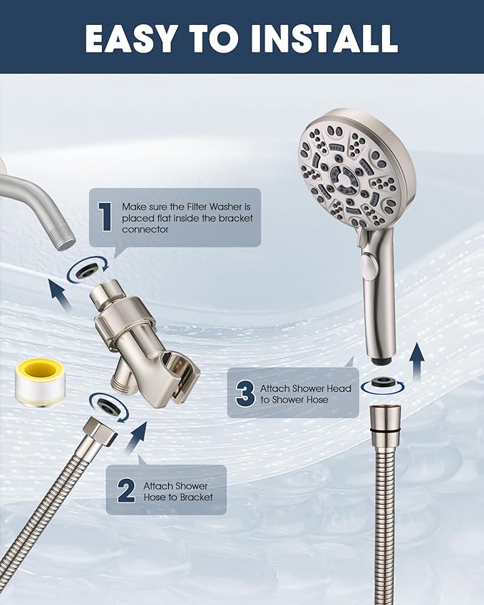 Handheld Shower Head with 6.56ft Extra Long Hose, On Off Switch 8-Seting High Preesure Hand Held Showerhead, Low-Reach Adhesive Holder for Kid, Disable& Elder (Brushed Nickel)