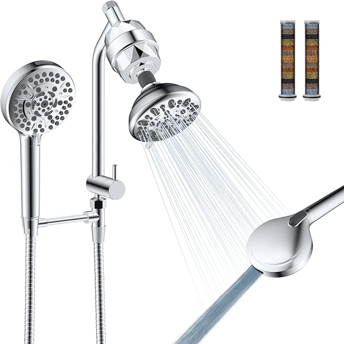 Filtered Shower Heads, All Metal Dual Shower Head with Easy Reach Handheld Spary Combo, 3-Way High Pressure 70 Modes Rainfall Showerhead, 71" Hose, Shower Bracket, 20 Stage Shower Filter, Chrome