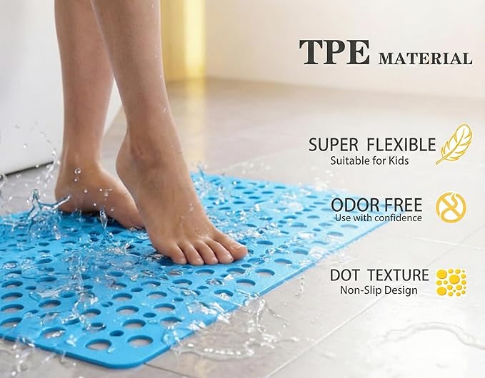 Nonslip Bath Tub Shower Mat with Suction Cups, Extra Soft TPE Bath Mat for Kids, Bathtub Bathroom Mats, Machine Washable, Smooth/Non-Textured Tubs Only, 35L x 16W Inch(Lake Blue)