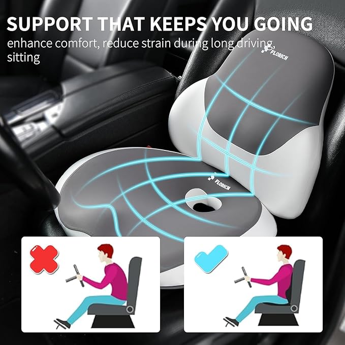 FLORICH Seat Cushion Lumbar Support Pillow for Office Chair, Car Lower Back Support, Ergonomic Desk Chair Pillow for Butt and Back Support of Memory Foam Seat Pad(Dark Grey)