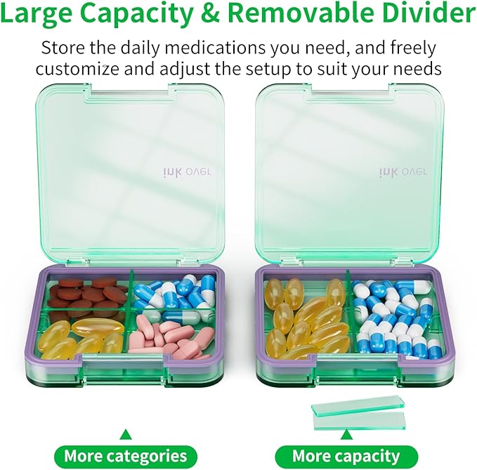 Small Pill Box, Travel Pill Organizer, Small Pill Case, Pill Container for Purse 4 Compartments, Daily Compact Travel Medicine Holder for Vitamins Medication (Green)