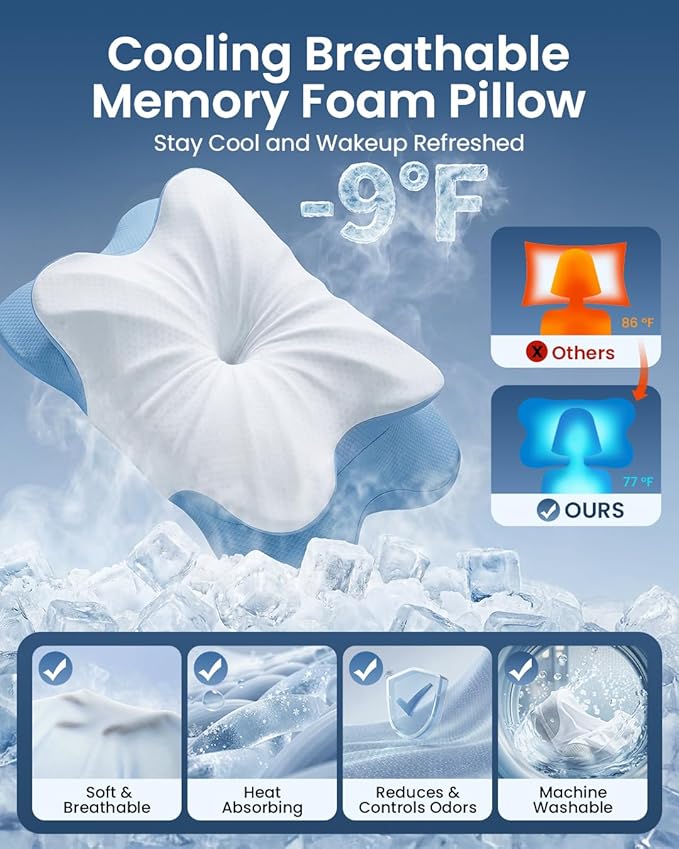 RAINBOW NOTE Ergonomic Contour Memory Foam Pillow, Adjustable Height Cervical Pillow for Neck Pain Relief, Blue White, 24×16.5×5.5 Inches