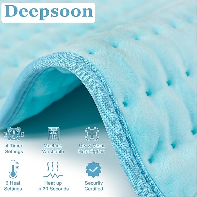 Deepsoon Heating Pad,Electric Heating Pads for Back,Neck,Moist Heating Pad for Abdomen Shoulder Knee Legs,Dry/Moist Heat&Auto Shut Off,Mother's Day Birthday for Men and Women,Babyblue,33x17 Inch