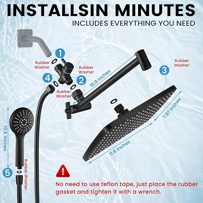 Shower Head with Handheld Combo,11.8 Inch Large Rectangular Rain Shower Head with 5 Modes Handheld Spray Combo,Adjustable Double Shower Heads with Holder and 11'' Extension Arm Matte Black