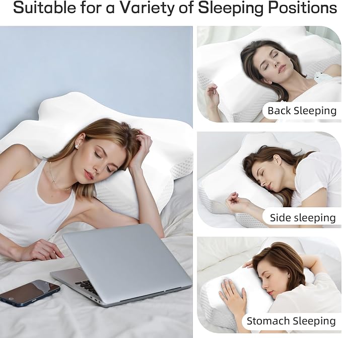 Cervical Neck Pillow for Pain Relief, Ergonomic Neck Support Pillow for Side Sleeper, Contour Memory Foam Pillows with Cooling Pillowcase Orthopedic Bed Pillow for Back Stomach Sleepers, White