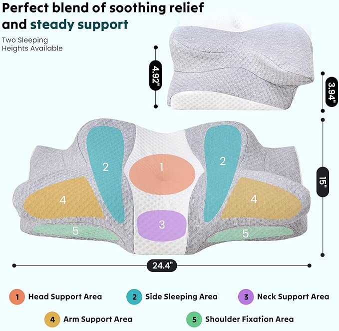 DUMOS Cervical Neck Pillow for Sleeping, Cooling Ergonomic Memory Foam Pillow with Arm Rest Slot and Ice Silk Pillowcase, Dual Height Orthopedic Support Contour for Side, Back, Stomach Sleepers