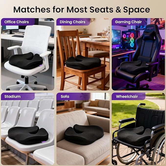 ZZ-WELL Seat Cushions for Office Chairs, Car Seat - Patented Coccyx Cushion for Tailbone Pain - Memory Foam Butt Cushion for Pressure Relief - Carry Handle & Non Slip Bottom (Black)
