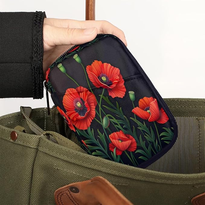 Weekly Travel Pill Organizer Case for Purse with Removable 7 Day Box Portable Compact Size Pill Box Fashionable Pill Container for Medicine Vitamin Supplement Flower Floral Poppy