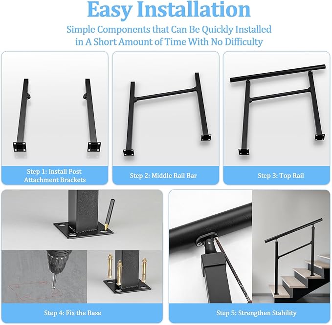 Handrails for Outdoor Stairs,3-4 Step Hand Rails for Outdoor Steps, Reinforced Wrought Iron Railing, Black Exterior Hand Railing for Porch, Deck, or Indoor Stairs