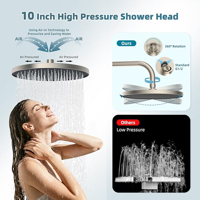 Hibbent cUPC Certified Self-cleaning Shower Head Combo, High Pressure 10'' Rain Showerhead with 3-Spray Handheld, All Metal Arm with Easy Reach 4-way Diverter, 71" Hose & Holder, Brushed Nickel