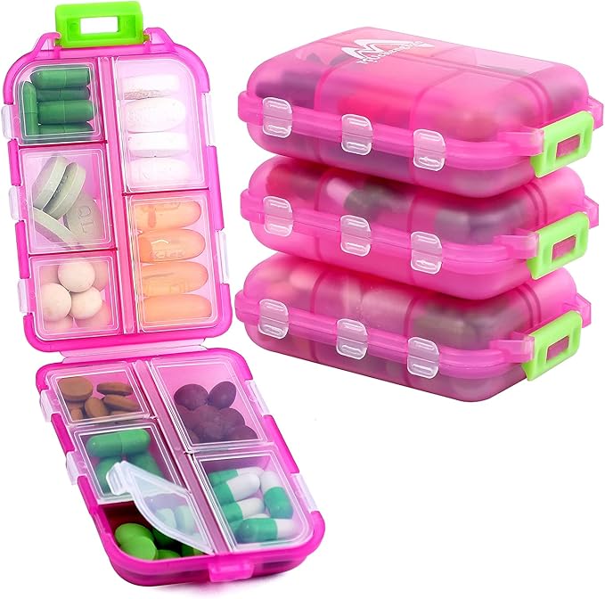 4PS Travel Pill Organizer with 164 Slice Labels，10 Compartments Travel Pill Box Portable Folding Small Pill Case Daily Pill Container Used for Carry Storage Medicine Organizer By M MUchengbao (Pink)