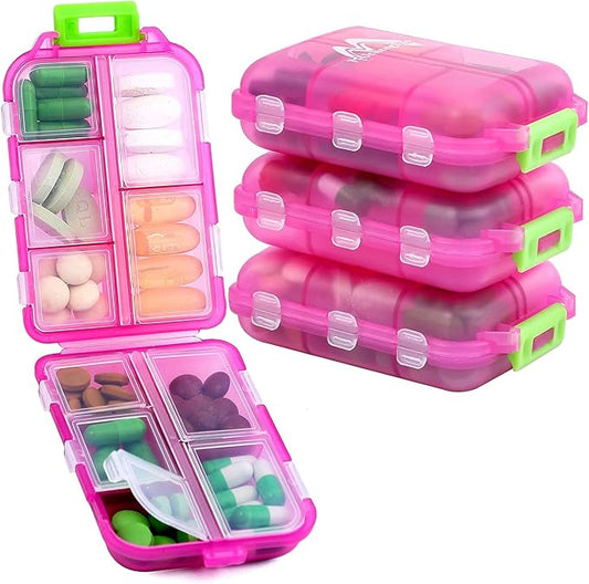 4PS Travel Pill Organizer with 164 Slice Labels，10 Compartments Travel Pill Box Portable Folding Small Pill Case Daily Pill Container Used for Carry Storage Medicine Organizer By M MUchengbao (Pink)