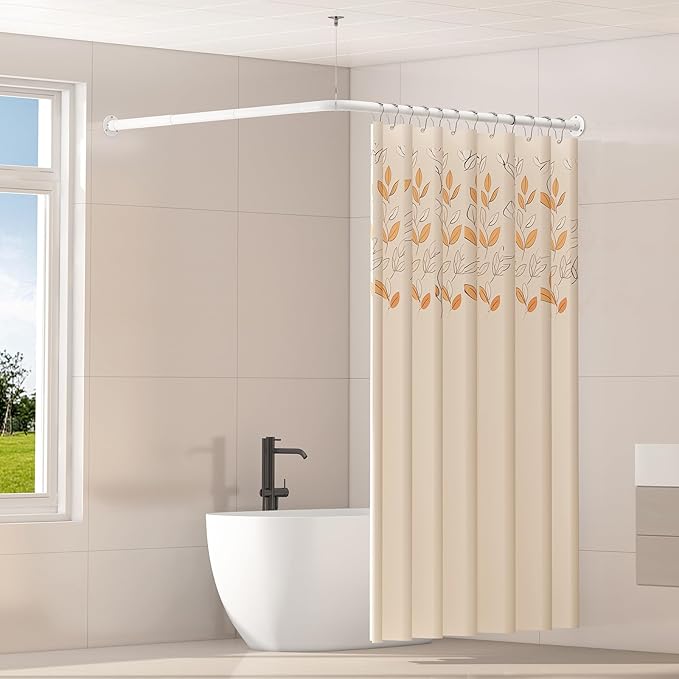 L Shaped Corner Shower Curtain Rod, 39" - 69" x 55" - 85" Adjustable 90 Degree Curved Bathroom Rod Square No Sag with 12 Hooks & Ceiling Support - White