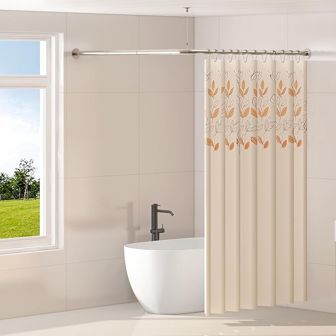 L Shaped Corner Shower Curtain Rod, 24" - 37" x 24" - 37" Adjustable 90 Degree Curved Bathroom Rod Square Rail No Sag with 12 Hooks & Ceiling Support - Silver