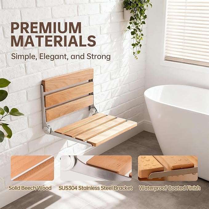 Jamini Folding Shower Seat Wall Mounted, 16.5", Beech Wood + SUS304 Steel, Heavy-Duty 330 lbs Seat for Seniors & Pregnant Women, Fits Small Showers, Balcony & Dressing Area