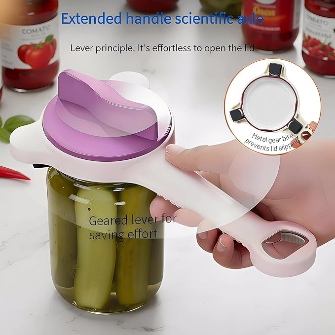 4-in-1 Adjustable Jar Opener for Seniors with Arthritis – Stainless Steel Lid & Bottle Opener, Ergonomic Easy Grip, Fits 1–4 Inch Caps, Heavy Duty Kitchen Can Opener Tool (Purple)