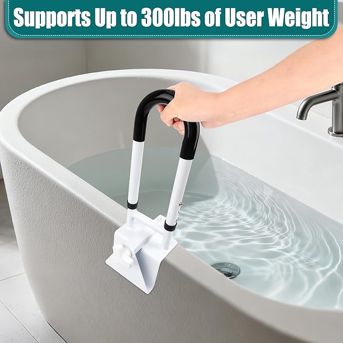 Adjustable Bathtub Safety Rail, Bathtub Safety Rail, Supports 300 lbs, Coolrunner Bathroom Safety Bars with Non-Slip Grip, Assistance Bathtub Handle Clamp for Elderly Bath Support
