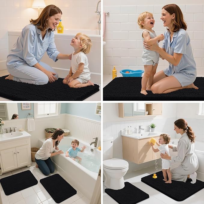Arotive Bathroom Rugs 47x17, Extra Soft Absorbent Shaggy Chenille Bath Rugs, Machine Washable Rubber Backing Non-Slip Bath Mats for Bathroom Floor Tub and Shower, Home Decor Accessories, Black