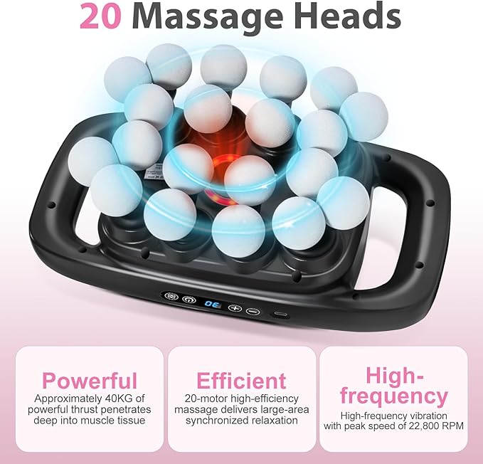 20-Head Massage Gun Set Deep Tissue, Portable Percussion Massager with 3 Modes & 30 Intensities, Muscle Massager for Legs Waist Back Pain Relief, Quiet Electric Massage Tool for Home & Gym