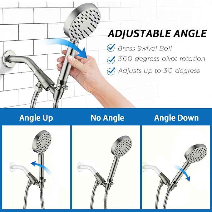 G-Promise Solid Metal Brushed Nickel Handheld Shower Head with Extra Long Stainless Steel Hose & Water Saving On/Off Pause Valve, Modern Style, 1 Setting