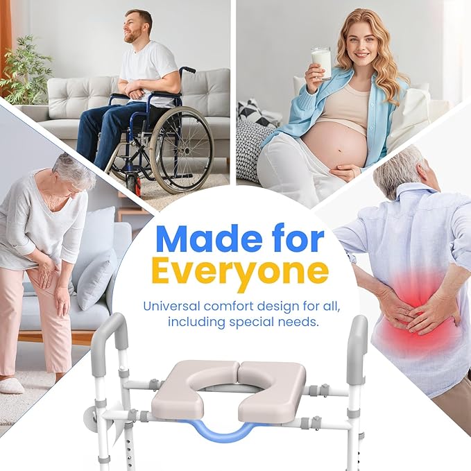 Male-Friendly Raised Toilet Seat with Handles, Adjustable Width Toilet Seat Riser for Seniors, 400LBS Handicap Toilet Seat for Elderly, Elevated Toilet Riser, Fits Any Toilets