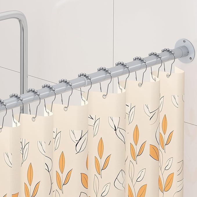 L Shaped Corner Shower Curtain Rod, 39" - 69" x 55" - 85" Adjustable 90 Degree Curved Bathroom Rod Square Rail No Sag with 12 Hooks & Ceiling Support - Silver Gray