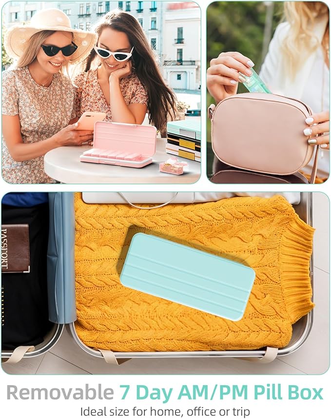 AM PM Pill Organizer 2 Times A Day, 7 Day Pill Box Weekly Pill Organizer Travel with Separate Container, Portable Daily Medicine Planner Dispenser Case for Vitamin, Fish Oils, Supplements（Green）