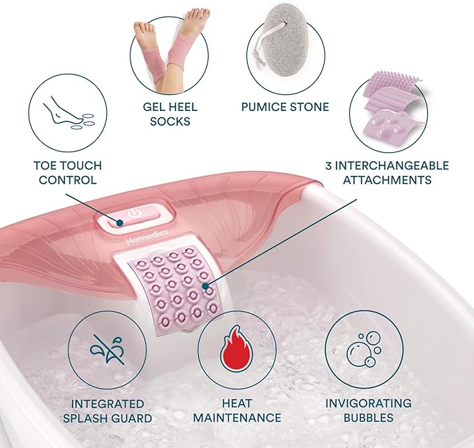 Homedics Bubble Bliss Deluxe Footbath Gift Set – Maintain Heat Foot Spa with Invigorating Bubbles, 3 Massage Attachments, Pumice Stone, Moisturizing Heel Socks & Splash Guard for Ultimate Relaxation
