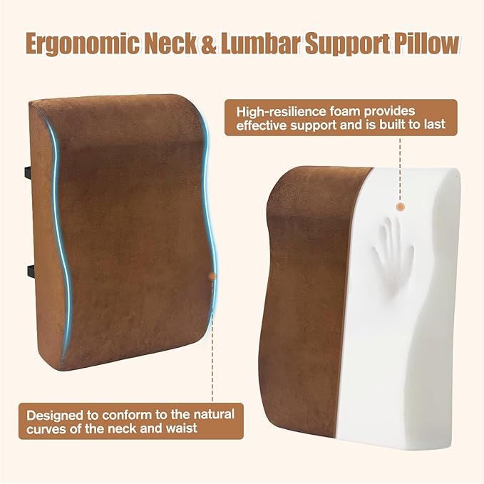 2 in 1 Recliner Neck and Lumbar Support Pillow Ergonomic Foam Cushion with Anti-Slip Backing & Adjustable Straps for Chair, Sofa, or Glider(Brown)
