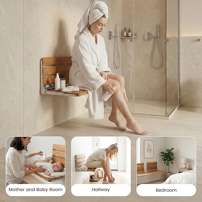 18 Inch Foldable Shower Seat Wall Mounted, Folding Shower Bench for Small Shower Spaces, 400lbs Max Load for Inside Shower, Foldable Chair for Seniors Adults,304 Stainless Steel