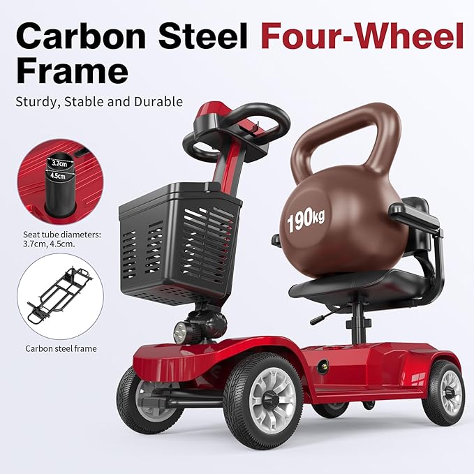 Mobility Scooter for Seniors, Red,420 lbs Capacity -12.4 Miles Range 4 Wheel Electric Scooter with Seat, 20° Hill Climb, 300W Motor, Easy to Operate and Foldable