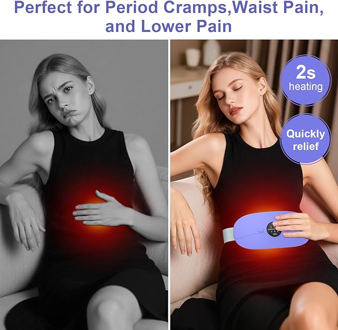 Portable Heating Pad for Period Cramps: Cordless Menstrual Heating Pad with 3 Heat Levels and 3 Massage Modes, 3s Fast Heating for Women and Girl Purple