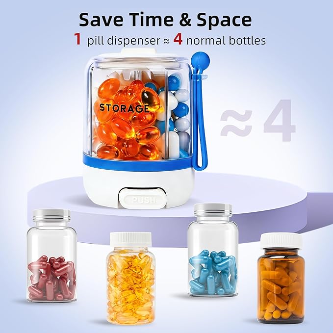 4 Compartments Pill Bottle Organizer, Anti-Mix Travel Pill Dispenser with Safety Lock, Pill Case with 16pcs Labels, Cute Pill Organizer for Seniors, Caregivers & Daily Vitamin Management(Blue)