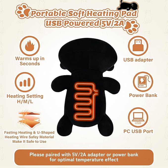 Electric Heating Pad for Period Cramps, Cuddly Kawaii 14'' Black Cat Plush with a Hot Soft Belly USB Powered, Menstrual Heating Pad Neck Shoulder Pain Relief, Gift for Daughter Wife Period Heating Pad