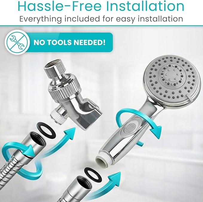Vive High Pressure Handheld Shower Head - Hand Held Showerhead with 6.5 ft Extra Long Hose, Detachable Showerhead, Multi-Setting Spray Combo for Bathroom, Pet Bathing, Stainless Steel Hose, Chrome