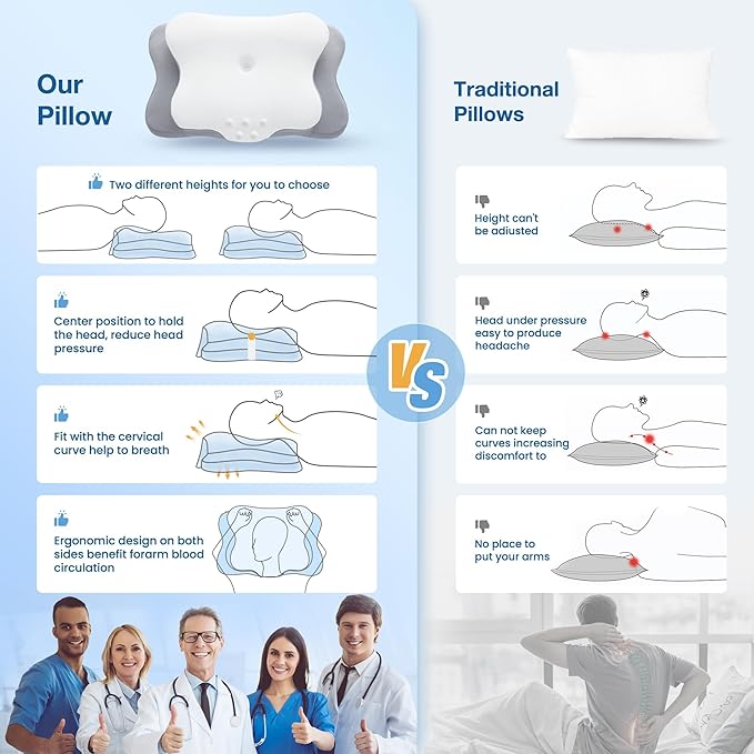 Cervical Pillow for Neck Pain Relief, Cooling Contour Memory Foam Pillows Support Odorless Ergonomic Neck Pillow Adjustable Orthopedic Bed Pillow for Side Back Stomach Sleeper,Snow