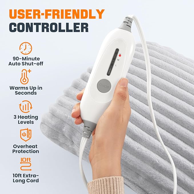Electric Hand Warmer, Soft Flannel Heated Gloves, Hand Warmer Pouch, Double-Sided Heating Pad for Hands Pain Relief Fingers Arthritis for Women Men Elder, Auto Off & 3 Heat Levels, Light Gray