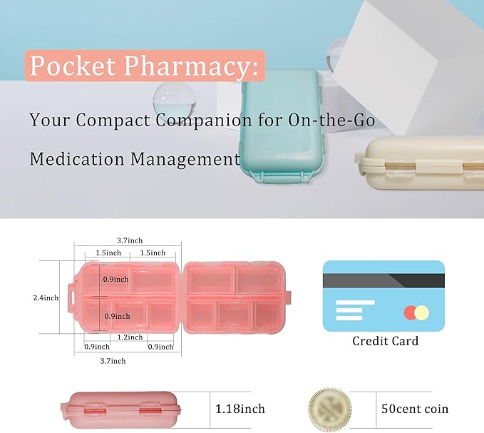 Pill Organizer with Medicine Labels 161 Labels Travel Daily Pill Container Mini Medication Organizer Storage Pill Organizer Travel Essentials Pill Case 7 Day (Beige, 1 Pack)