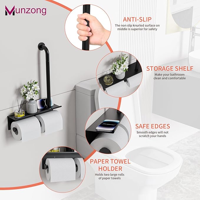 Bathroom Grab Bar with Shower Shelves,Munzong Black Toilet Paper Holder 3 in 1 Bathroom Organizers and Storage, Anti Slip Stainless Steel Safety Hand Rail for Handicap Elderly Senior Assist