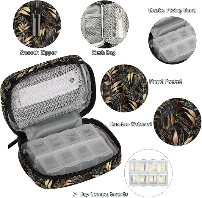Pill Case Pill Travel Organizer 7 Day Weekly Medicine Pill Box Ethnic Leaves Small Cute Compact Size Vitamin Container Pill Bottle Portable Birth Control Pill Holder Bag with Zipper