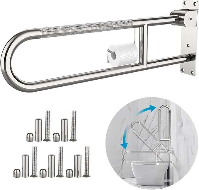 Toilet Grab Bar 30.3 Inch Chrome, Munzong Anti-Slip Handicap Grab Bars with Paper Holder, Flip-Up Bathroom Safety Rails, Stainless Steel Knurled Support handrails for Seniors Elderly Disabled Pregnant