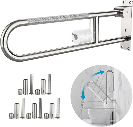 Toilet Grab Bar 30.3 Inch Chrome, Munzong Anti-Slip Handicap Grab Bars with Paper Holder, Flip-Up Bathroom Safety Rails, Stainless Steel Knurled Support handrails for Seniors Elderly Disabled Pregnant