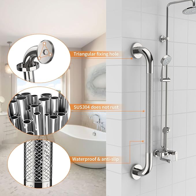 32-Inch Anti Slip Grab Bar for Shower (2 Pack), YuanDe Chrome Stainless Steel Bath Safety Rail with Knurled Grip, Shower Handrail Support for Handicap & Elderly Balance Assist, 1.25" Diameter