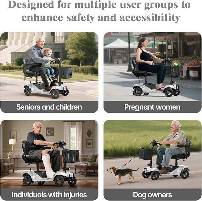 Mobility Scooter for Adults,4 Wheel Mobility Scooter,28 Miles Range,300LBS Capacity,Lightweight and Portable,with LED Headlights and Basket,Charger Included,Gifts Suitable for Elders,Silver