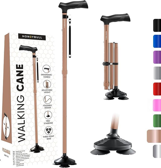 HONEYBULL Walking Cane for Men & Women Foldable, Adjustable, Heavy Duty, Free Standing, All Terrain, Collapsible Walking Sticks for Seniors & Adults
