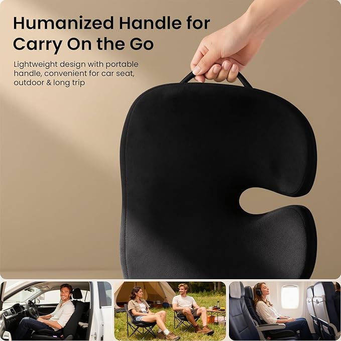 ZZ-WELL Seat Cushions for Office Chairs, Car Seat - Patented Coccyx Cushion for Tailbone Pain - Memory Foam Butt Cushion for Pressure Relief - Carry Handle & Non Slip Bottom (Black)