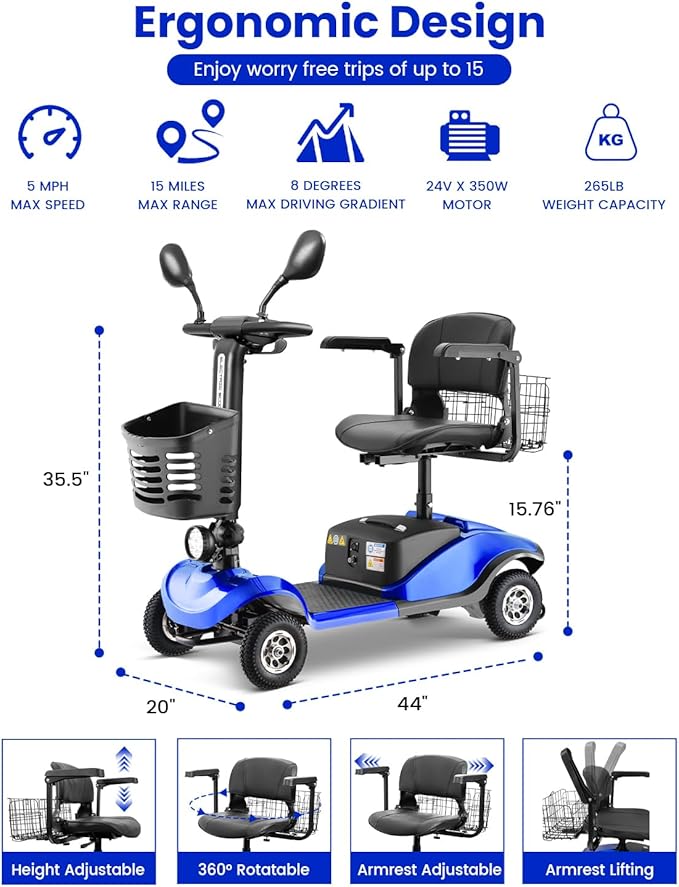 4 Wheel Electric Power Mobility Scooter for Adults, Electric Scooter for Seniors Folding Mobility Scooter -Max Speed 5 Mph,15 Miles Long Travel Range