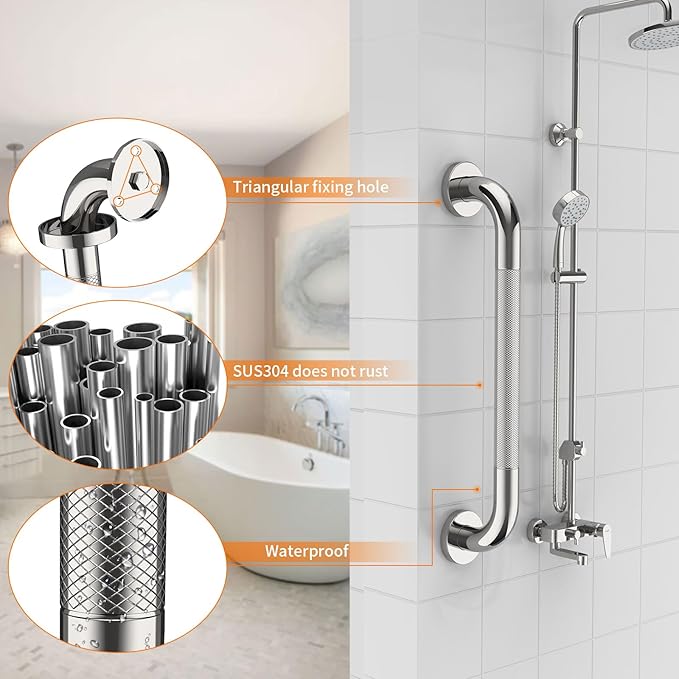 20 Inch Anti Slip Shower Grab Bar, YuanDe 2 Pack Chrome Stainless Steel Bath Grab Bar, Knurled Bathroom Safety Rail, Shower Handrail Support, Handicap Elderly Balance Assist Handles-1.25" Diameter
